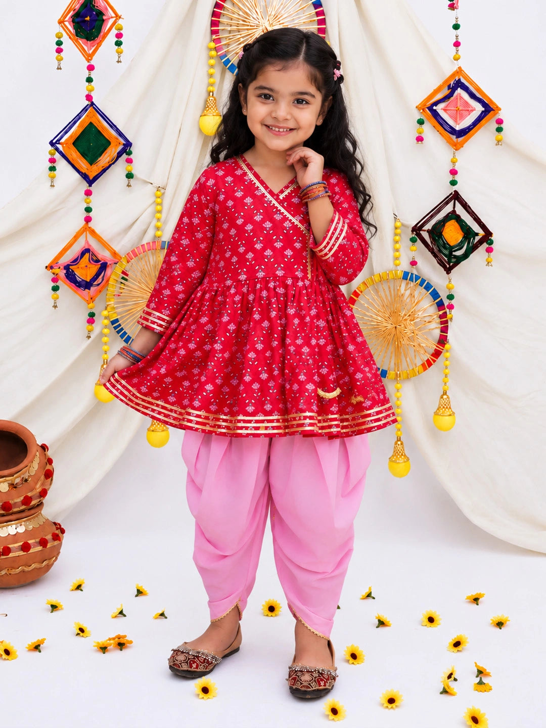 BownBee Pure Cotton Bandhni Kurti Dhoti &  Dhoti Kurta Sibling Set