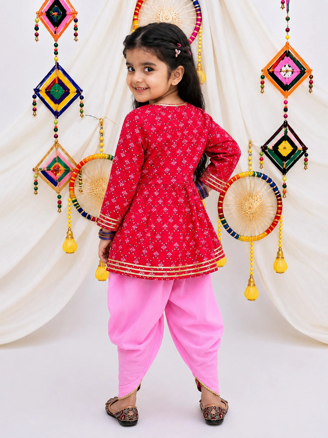 BownBee Pure Cotton Bandhni Kurti Dhoti &  Dhoti Kurta Sibling Set