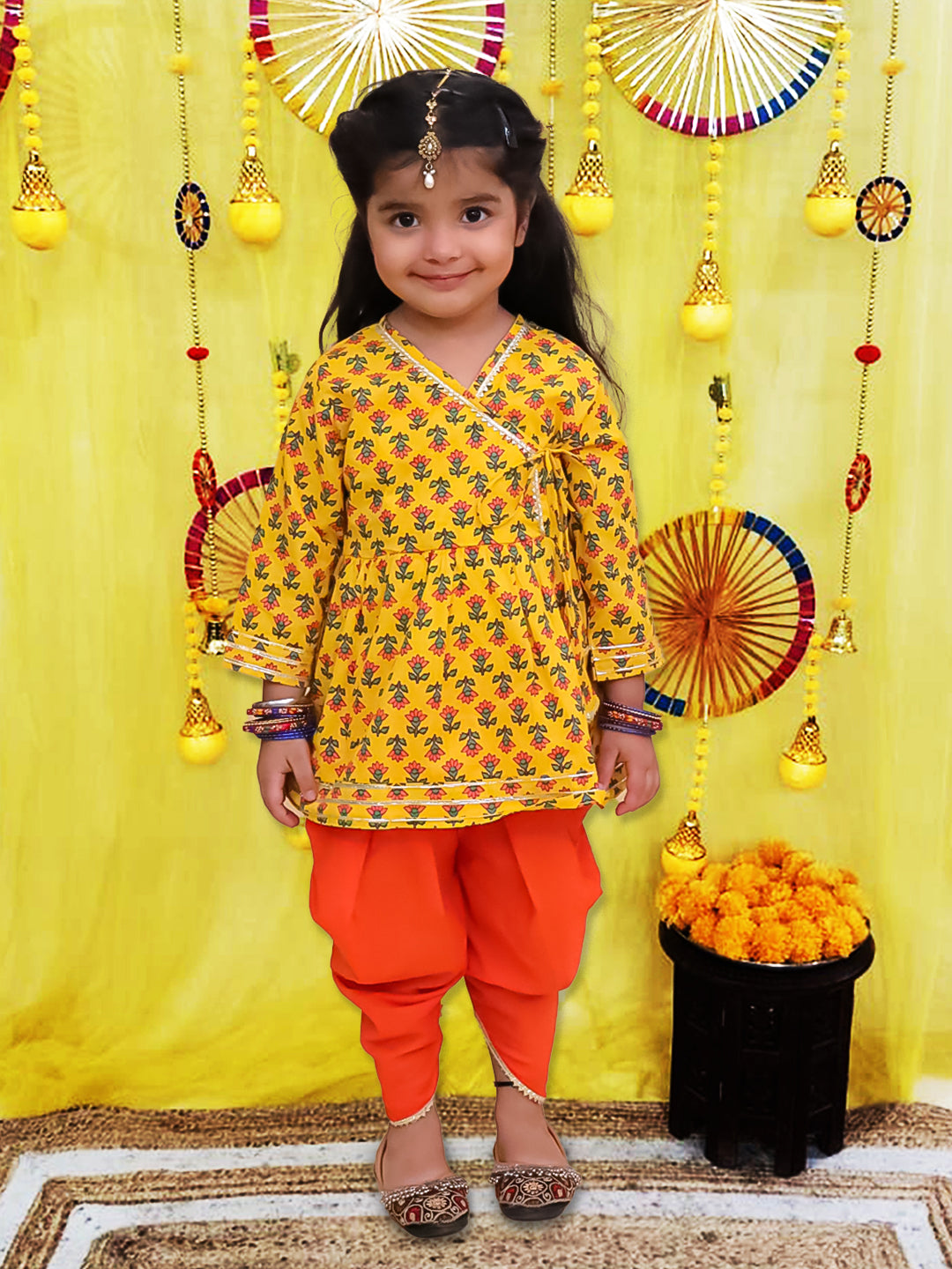 BownBee Pure Cotton Quater sleeves Printed Kurti With Dhoti Set For Girls - Red