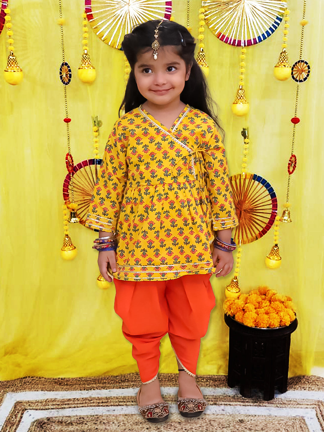 BownBee Pure Cotton Quater sleeves Printed Kurti With Dhoti Set For Girls - Navy Blue