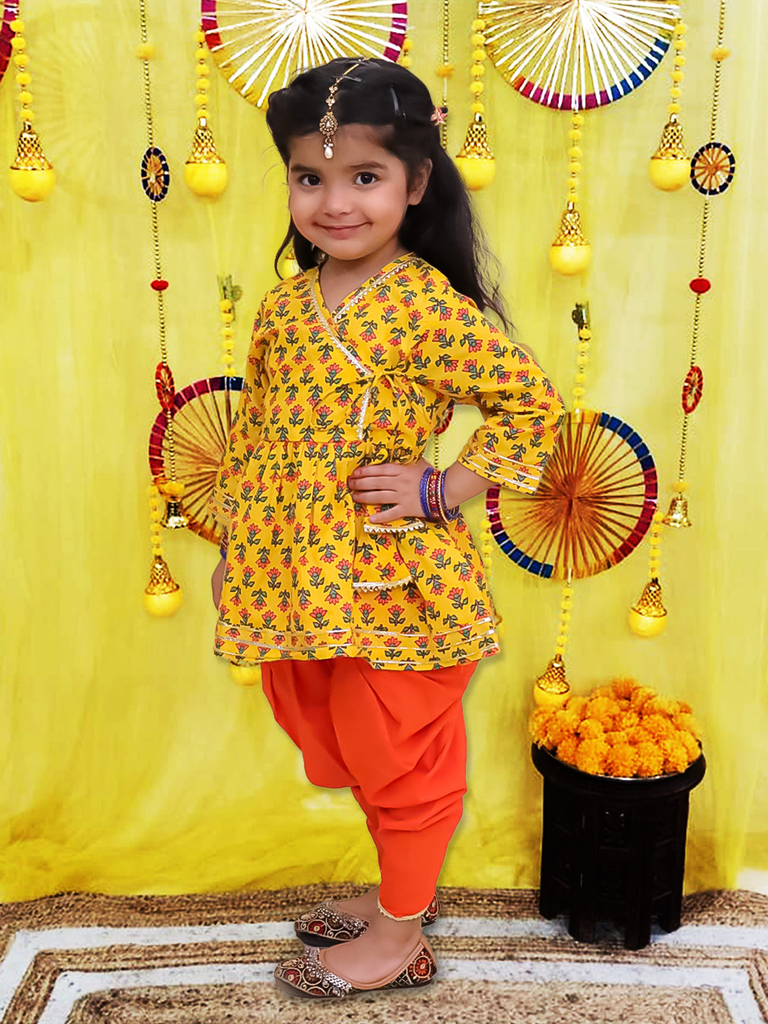 BownBee Pure Cotton Quater sleeves Printed Kurti With Dhoti Set For Girls - Yellow