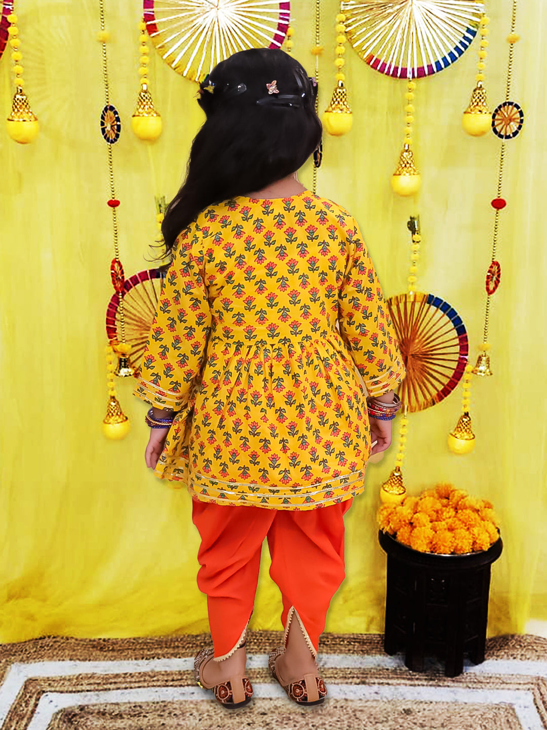 BownBee Pure Cotton Quater sleeves Printed Kurti With Dhoti Set For Girls - Navy Blue
