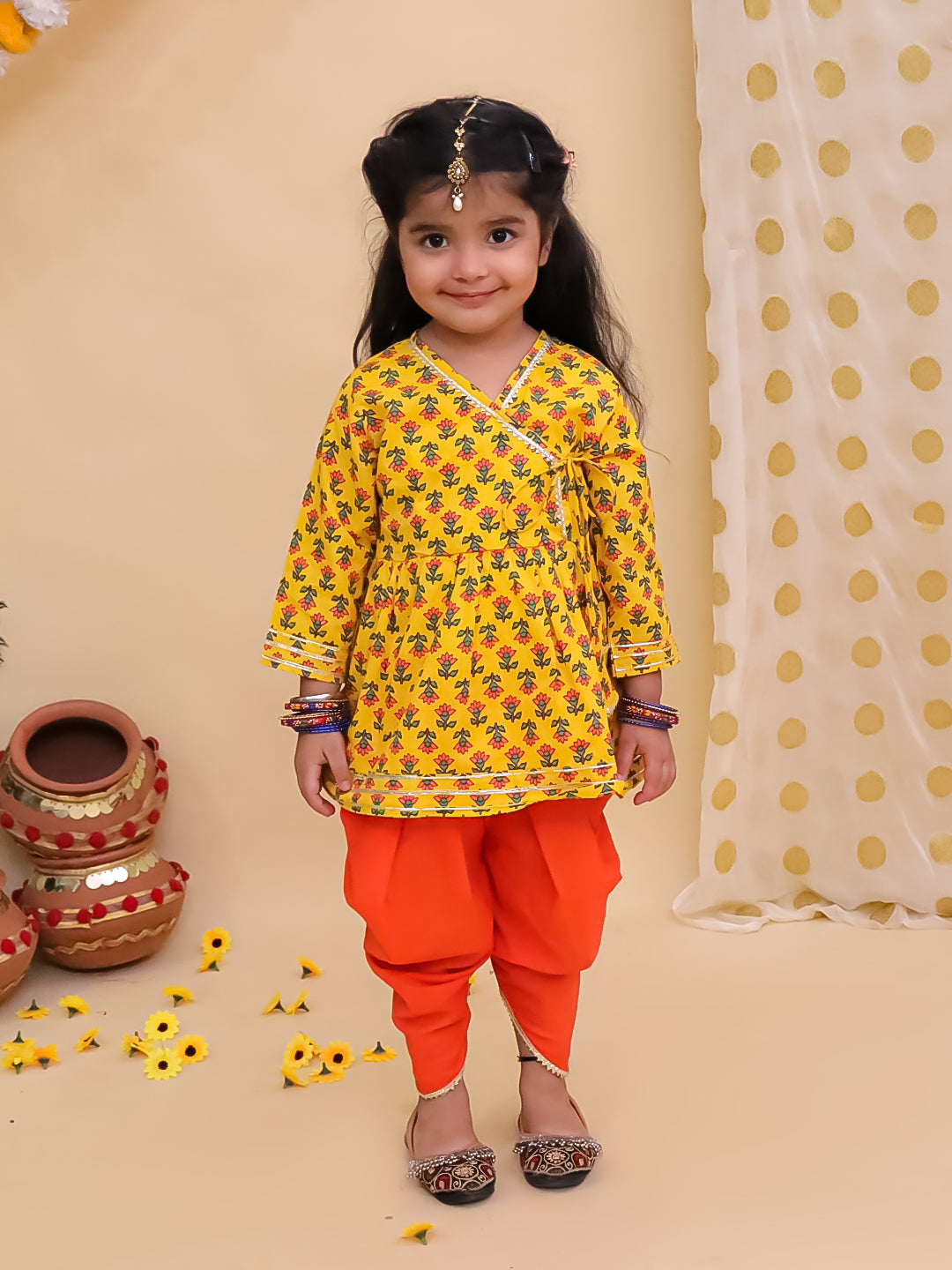 BownBee Pure Cotton Quater sleeves Printed Kurti With Dhoti Set For Girls - Red