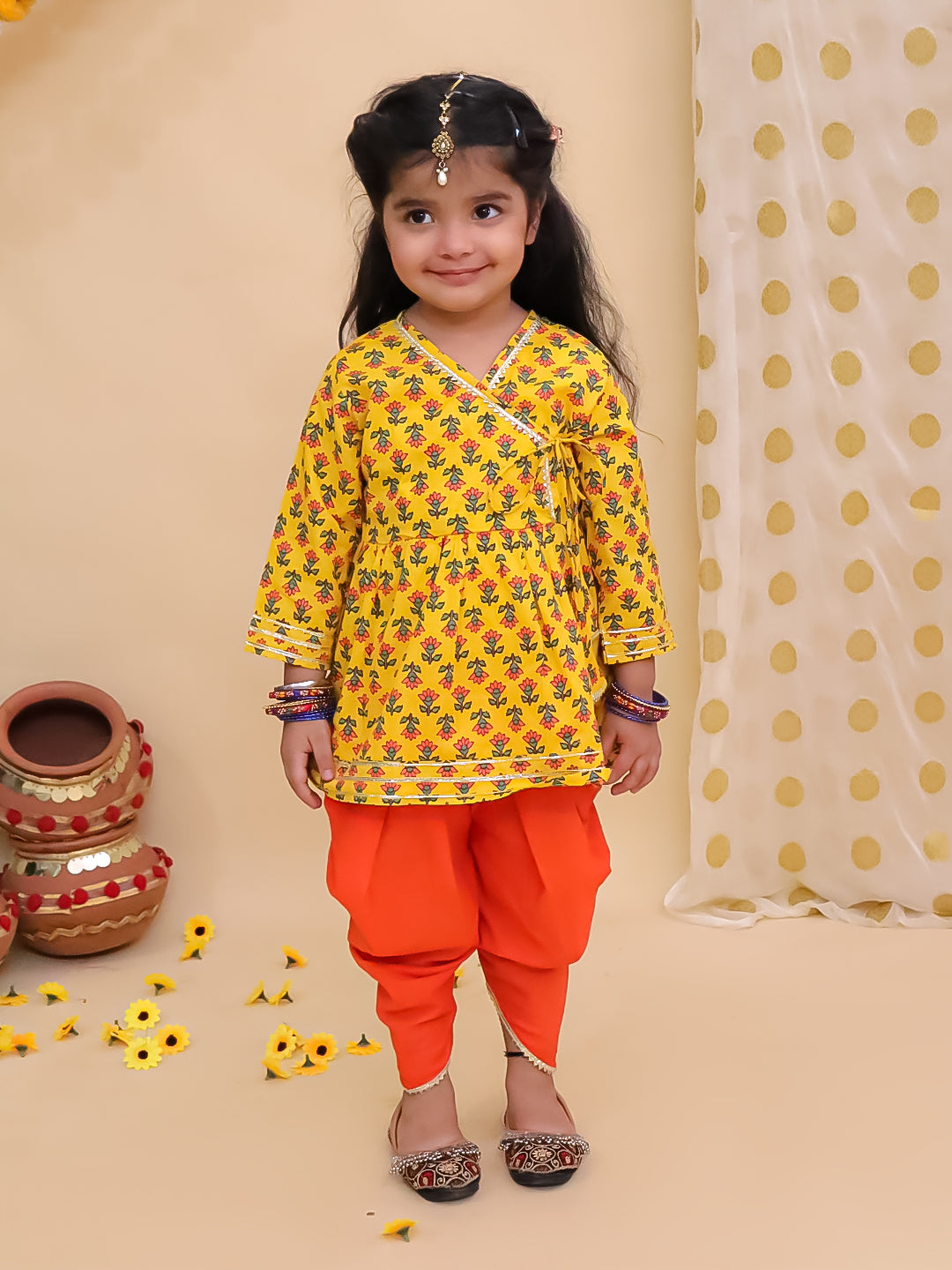 BownBee Pure Cotton Quater sleeves Printed Kurti With Dhoti Set For Girls - Red