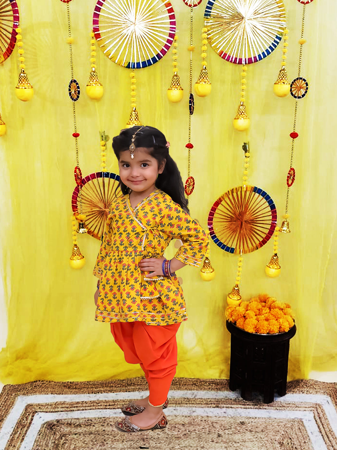 BownBee Pure Cotton Quater sleeves Printed Kurti With Dhoti Set For Girls - Red