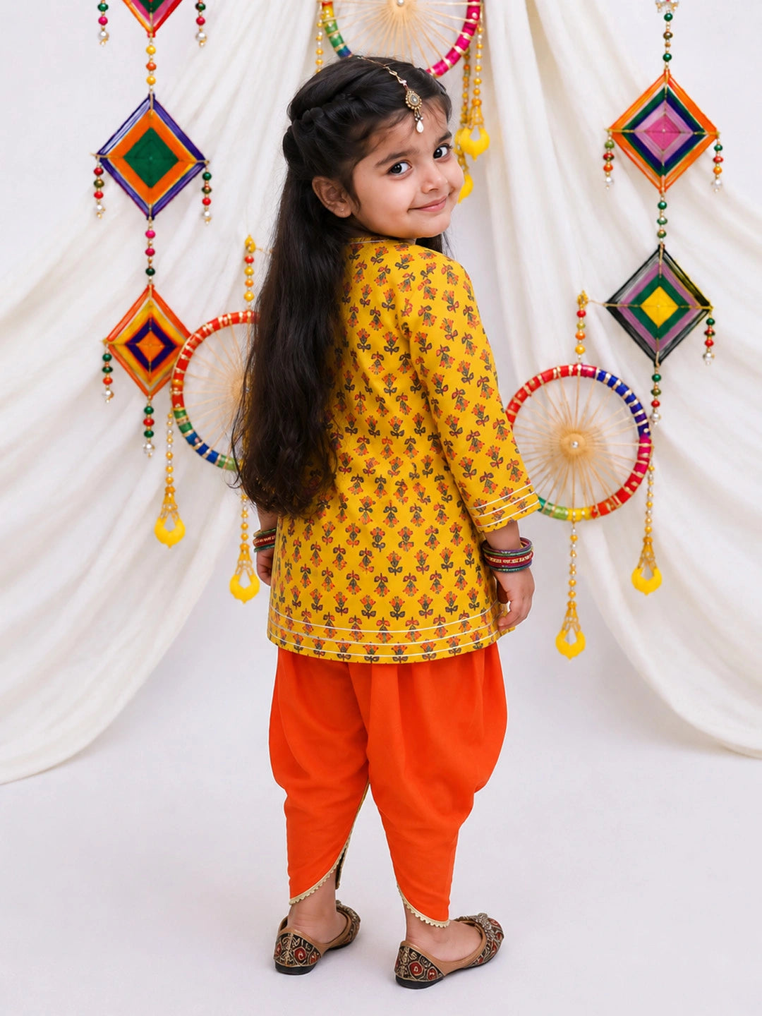BownBee Pure Cotton Bandhni Kurti Dhoti &  Dhoti Kurta Sibling Set