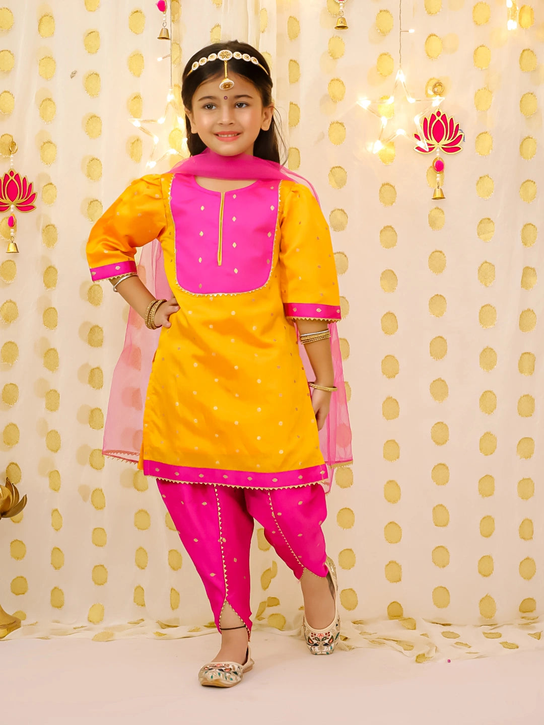 BownBee Festive Elbow sleeves Silk Suit With Dupatta Set For Girls
