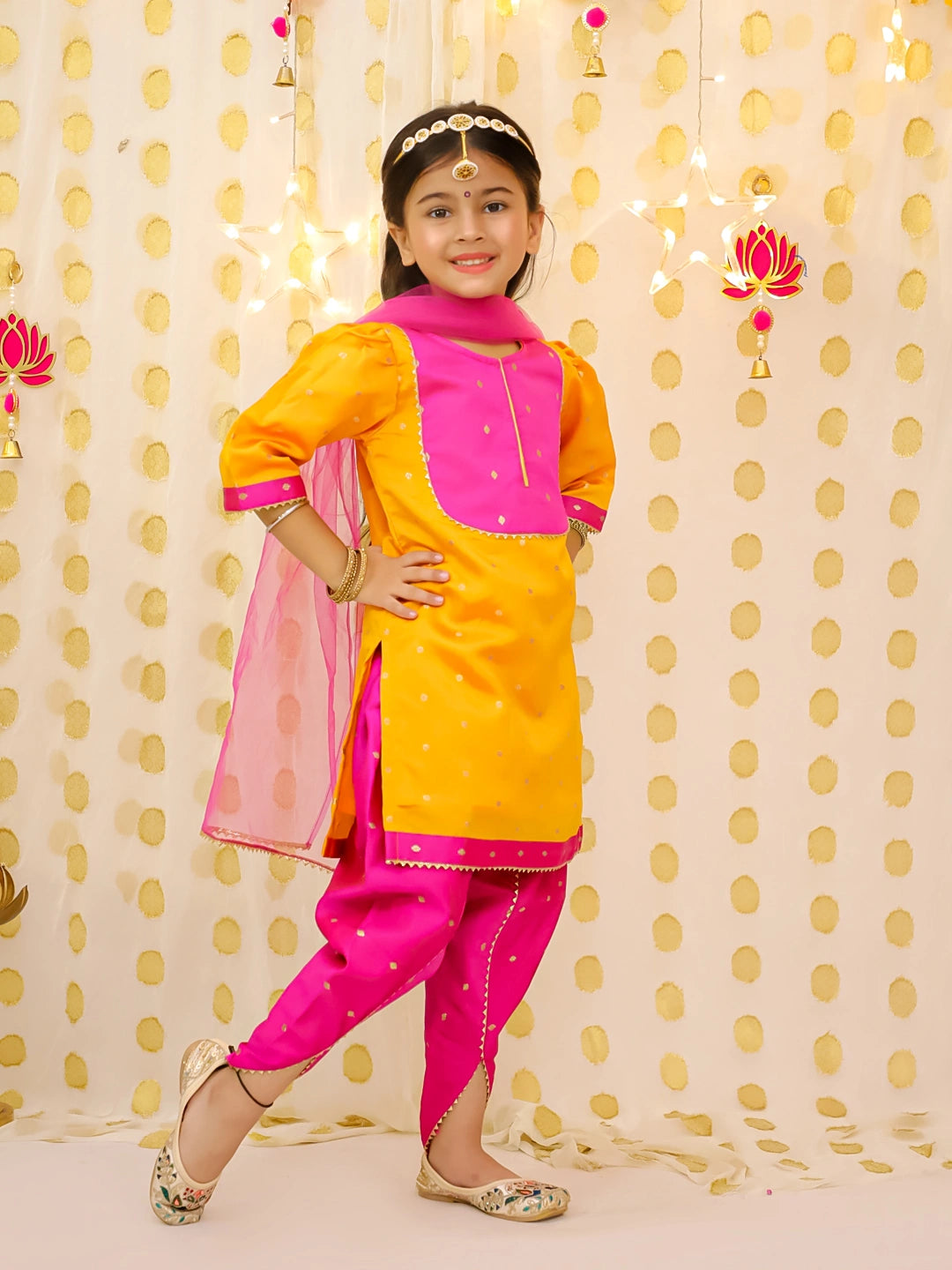 BownBee Festive Elbow sleeves Silk Suit With Dupatta Set For Girls