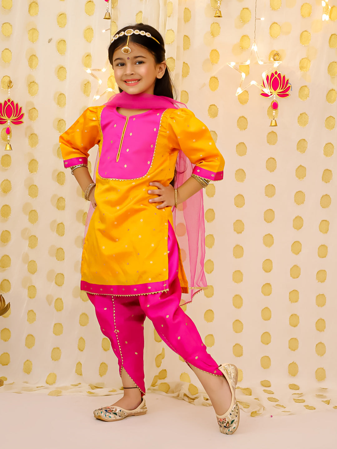 BownBee Festive Elbow sleeves Silk Suit With Dupatta Set For Girls - Orange