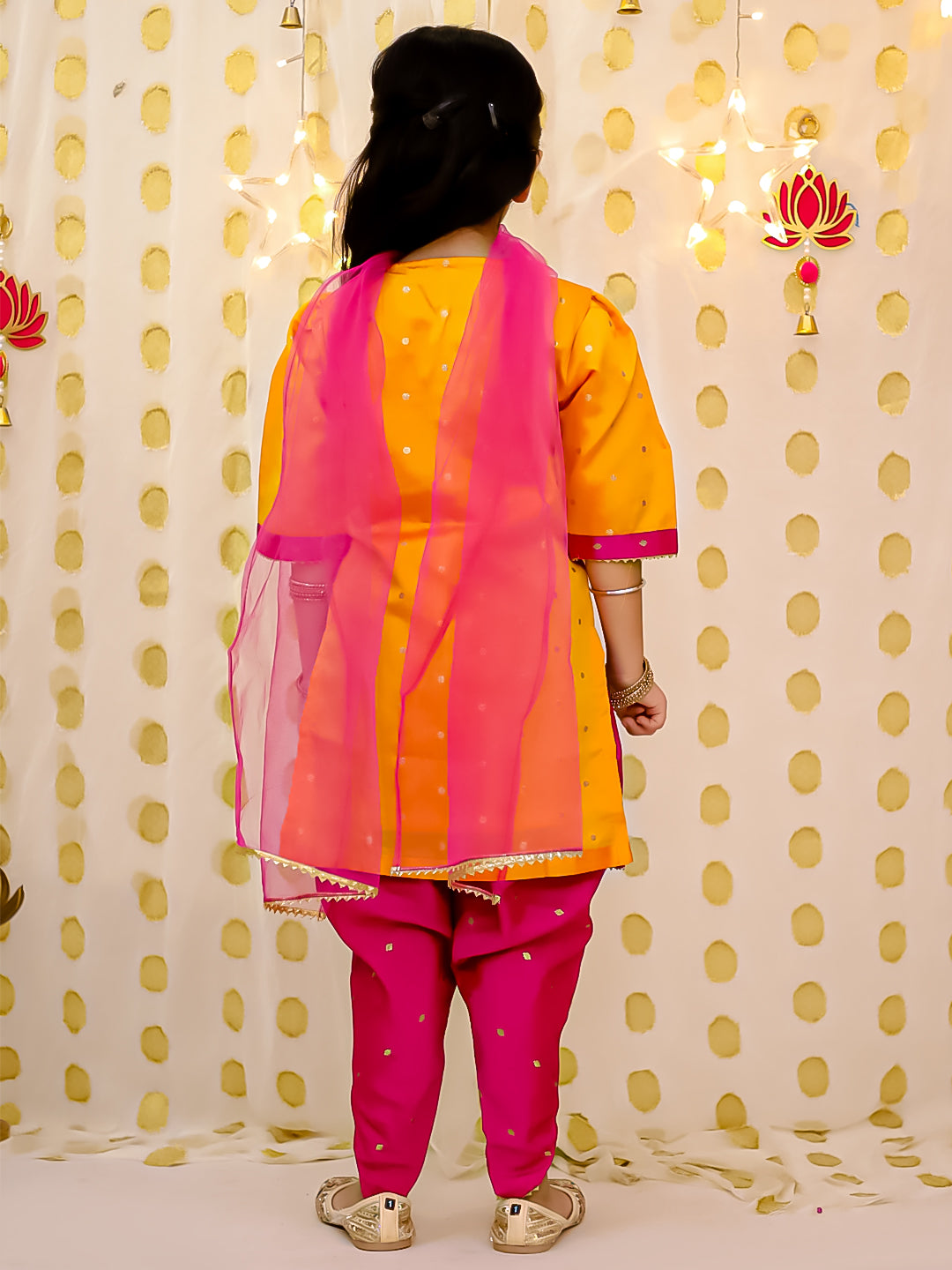 BownBee Festive Elbow sleeves Silk Suit With Dupatta Set For Girls - Orange