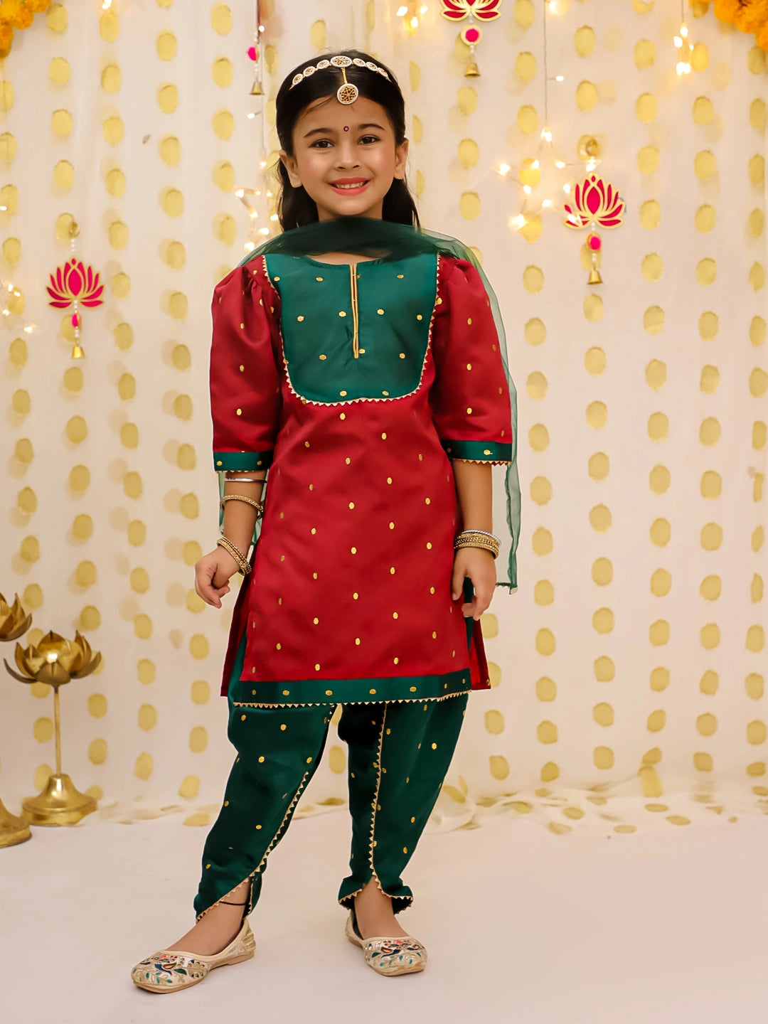 BownBee Festive Elbow sleeves Silk Suit With Dupatta Set For Girls - Red