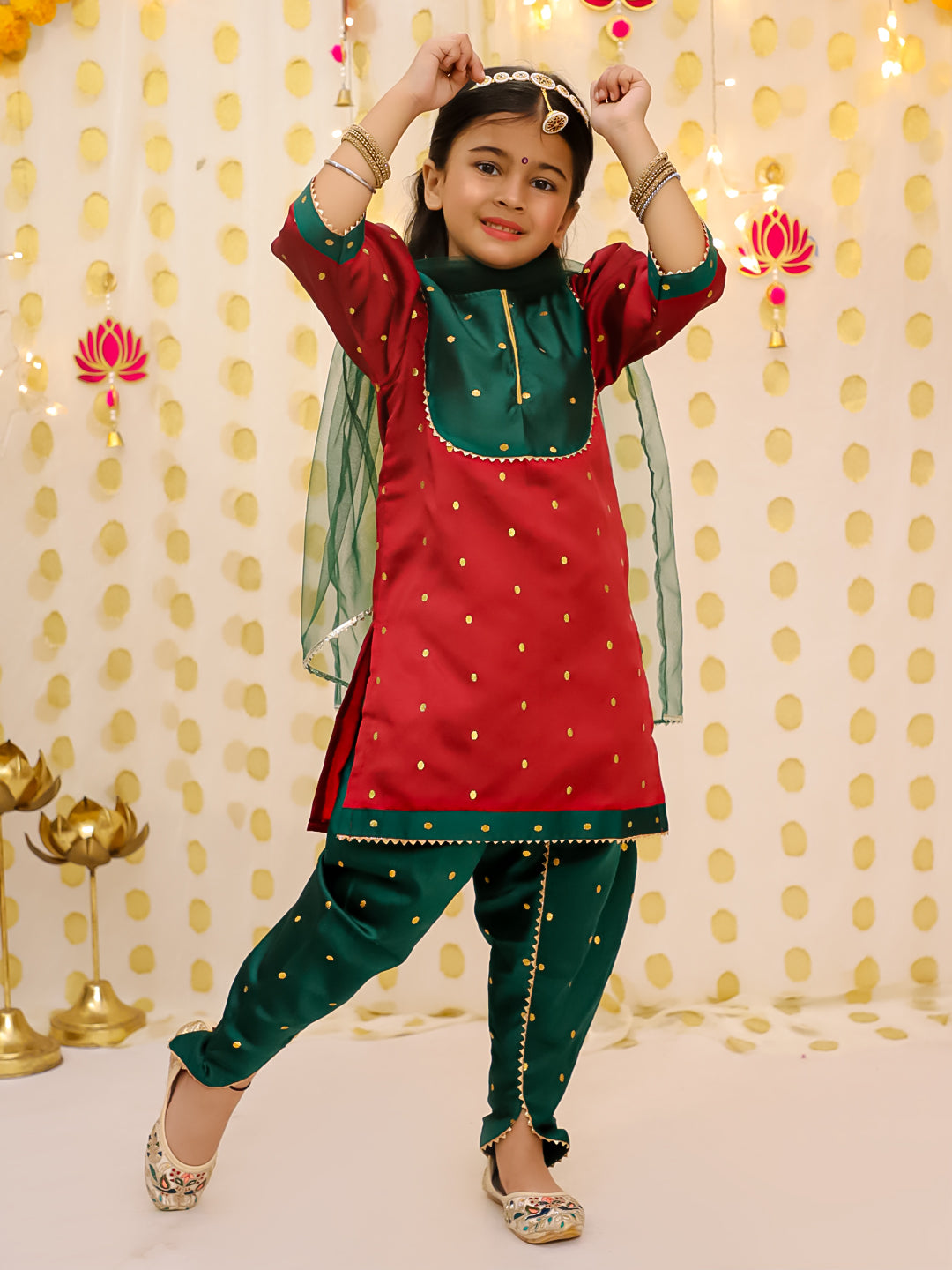 BownBee Festive Elbow sleeves Silk Suit With Dupatta Set For Girls - Red