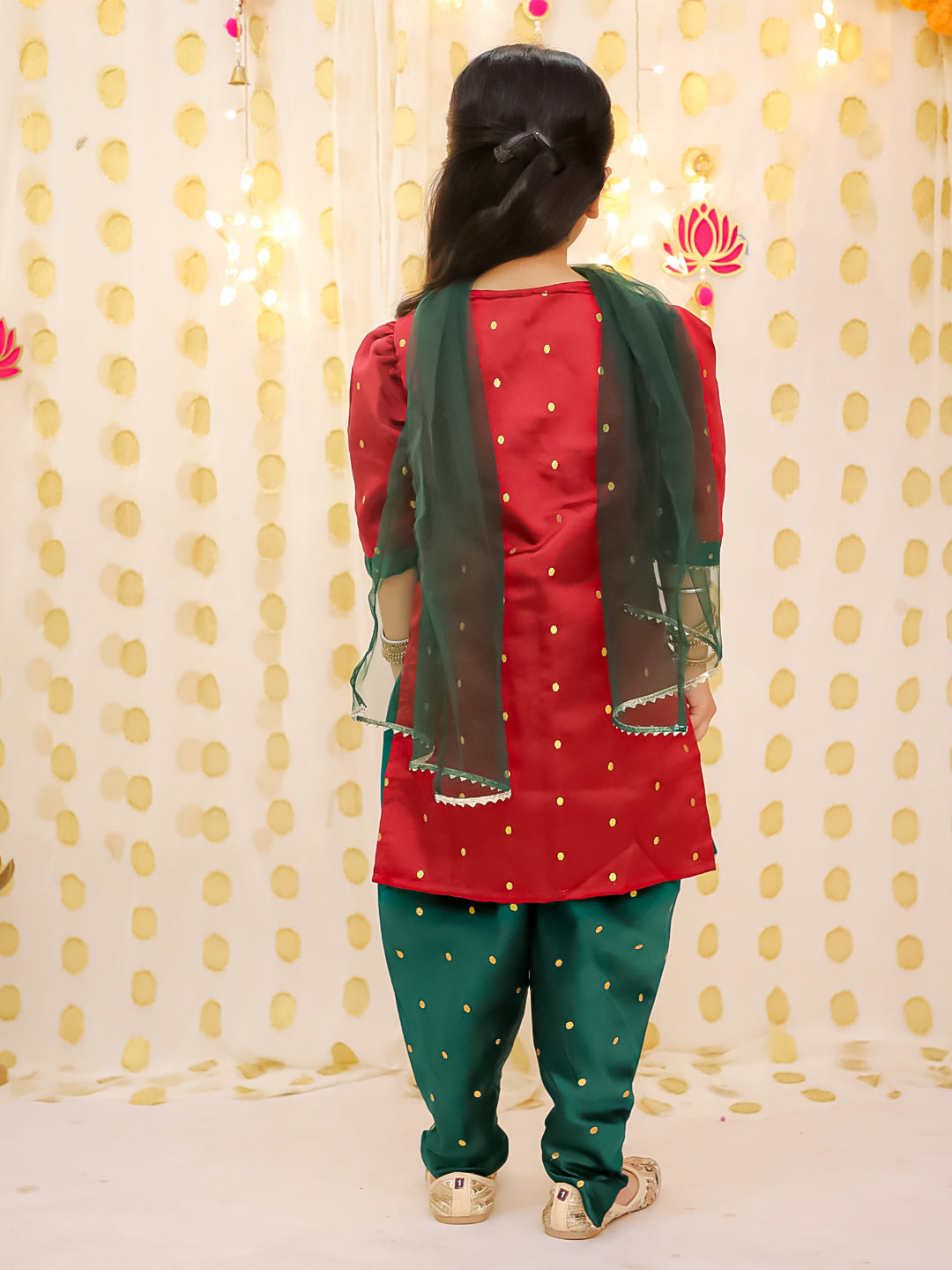 BownBee Festive Elbow sleeves Silk Suit With Dupatta Set For Girls - Red