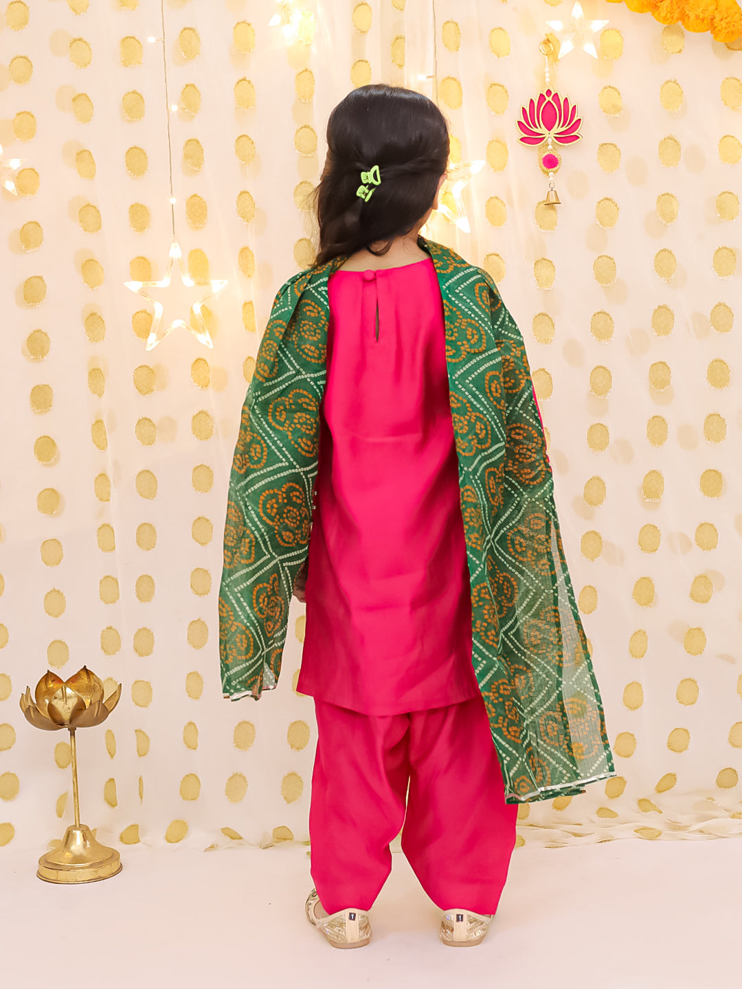 BownBee Festive Elbow sleeves Silk Suit With Bandhni Dupatta Set For Girls - Pink