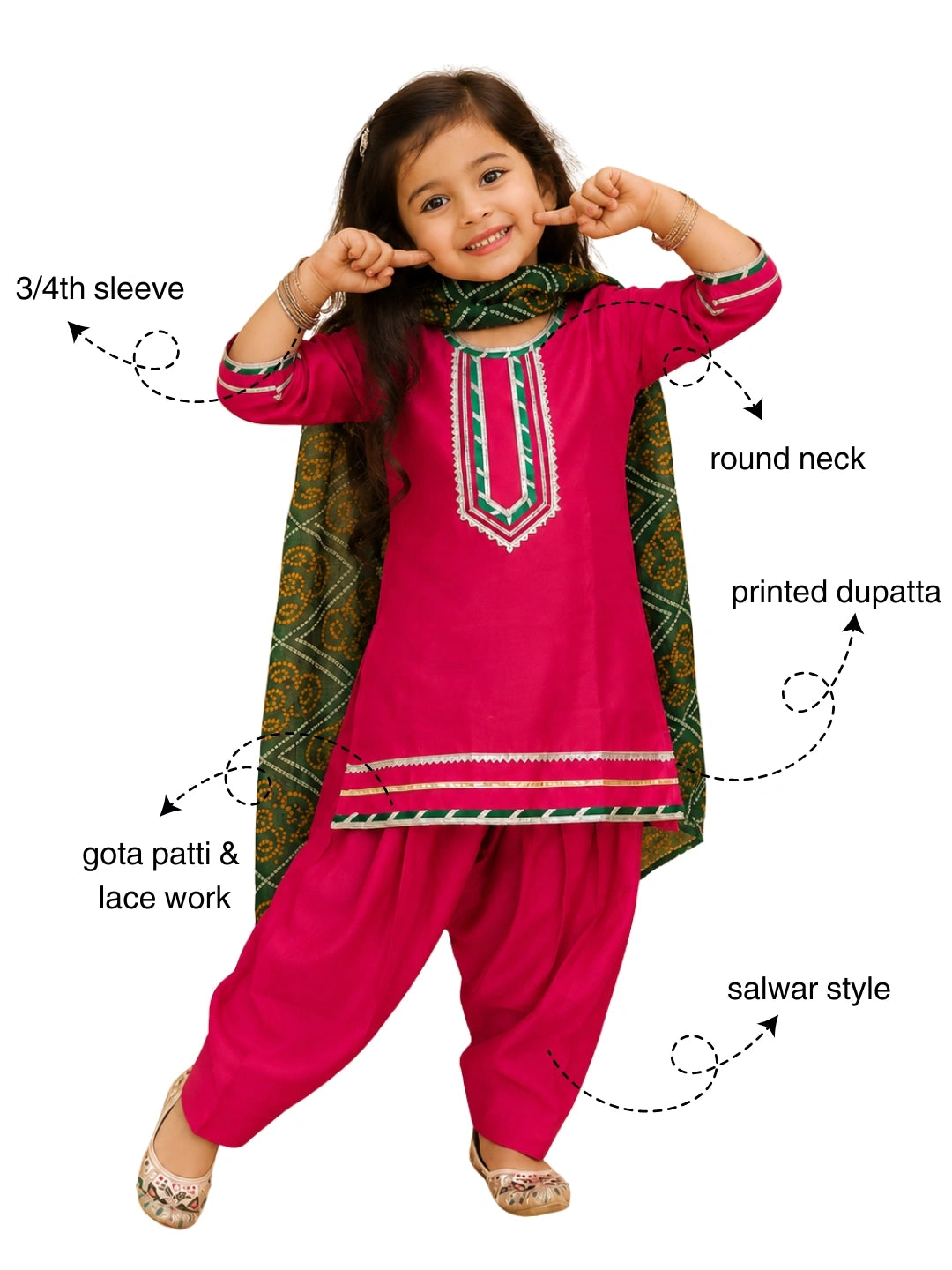 BownBee Festive Elbow sleeves Silk Suit With Bandhni Dupatta Set For Girls