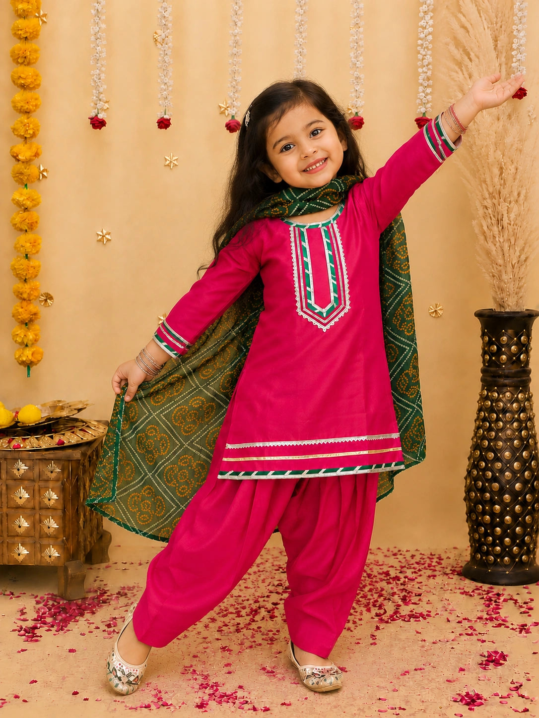 BownBee Festive Elbow sleeves Silk Suit With Bandhni Dupatta Set For Girls