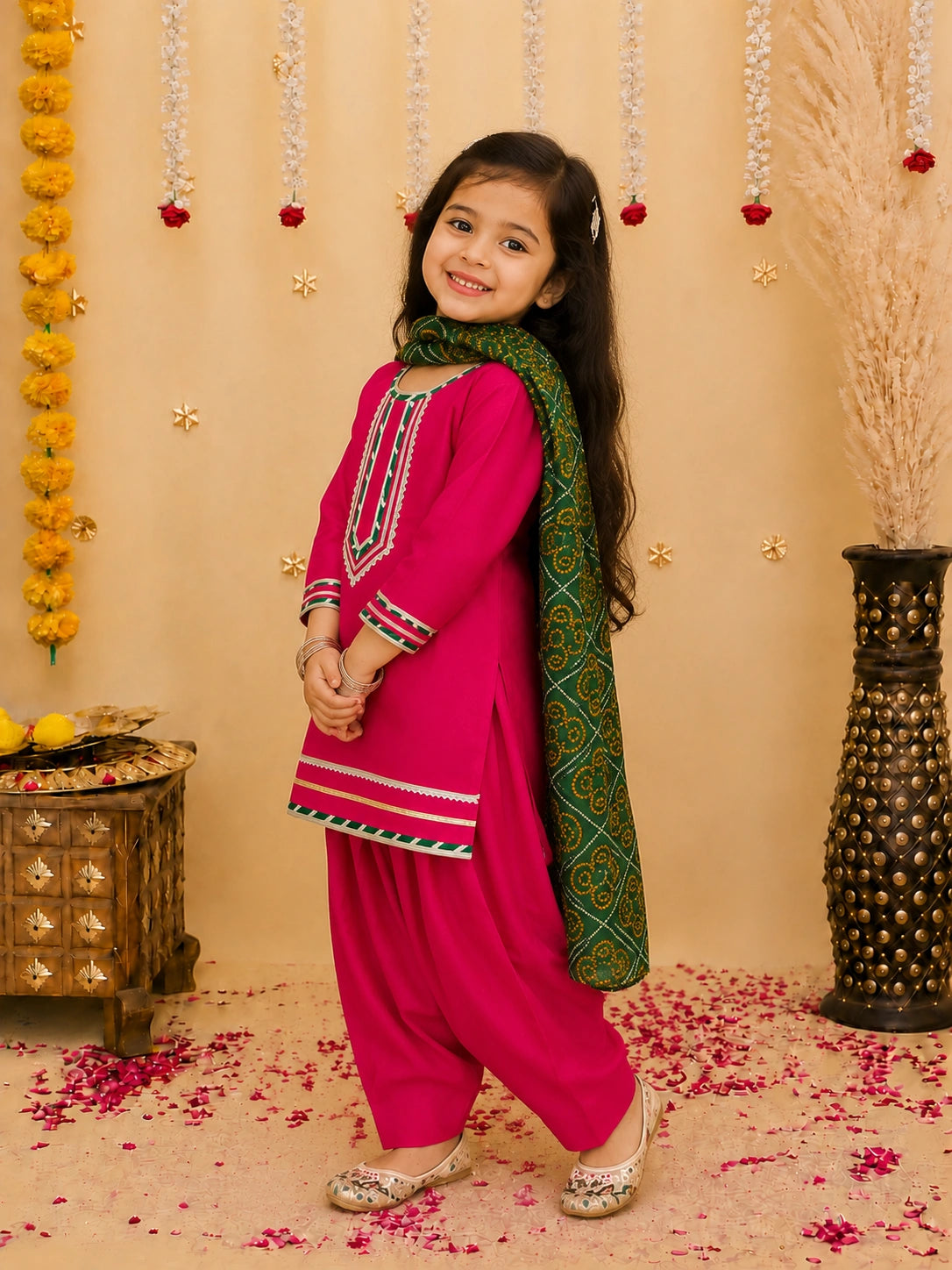 BownBee Festive Elbow sleeves Silk Suit With Bandhni Dupatta Set For Girls