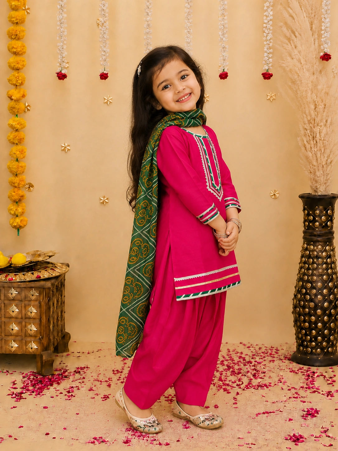 BownBee Festive Elbow sleeves Silk Suit With Bandhni Dupatta Set For Girls