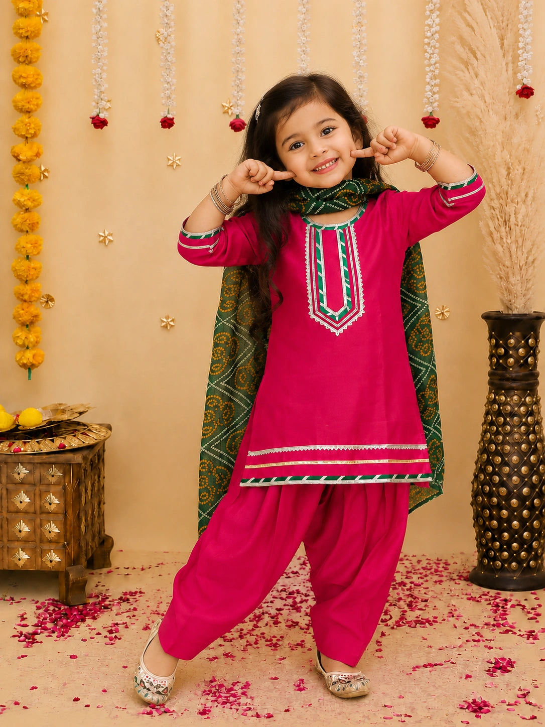 BownBee Festive Elbow sleeves Silk Suit With Bandhni Dupatta Set For Girls