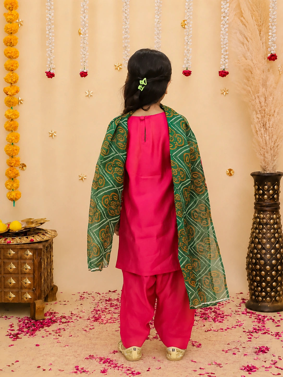 BownBee Festive Elbow sleeves Silk Suit With Bandhni Dupatta Set For Girls