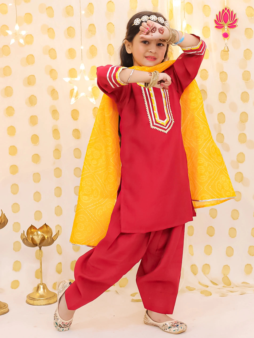 BownBee Festive Elbow sleeves Silk Suit With Bandhni Dupatta Set For Girls