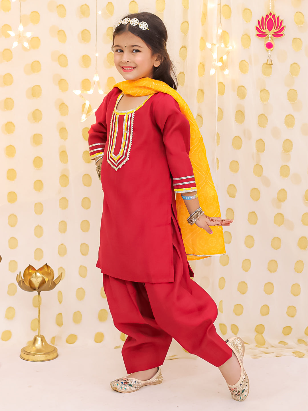 BownBee Festive Elbow sleeves Silk Suit With Bandhni Dupatta Set For Girls - Red