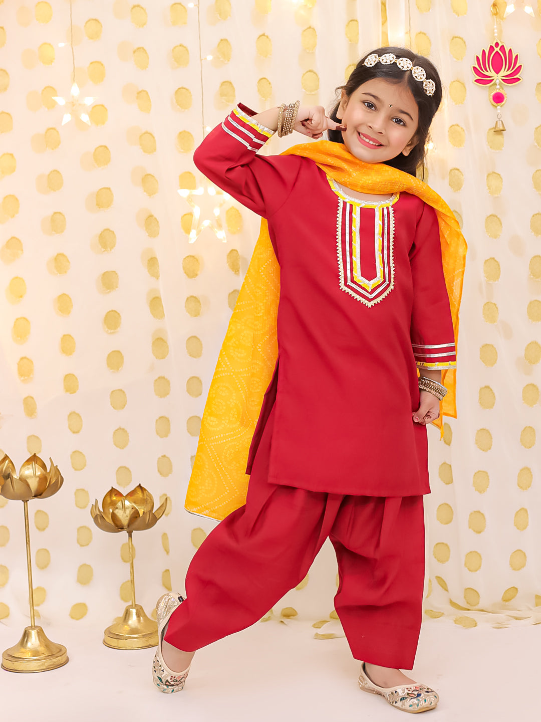 BownBee Festive Elbow sleeves Silk Suit With Bandhni Dupatta Set For Girls - Red