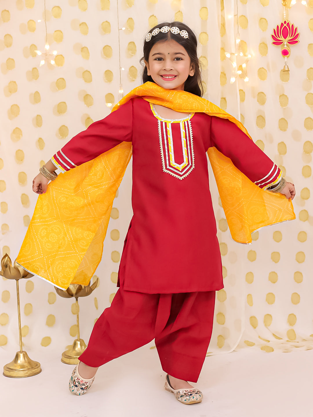 BownBee Festive Elbow sleeves Silk Suit With Bandhni Dupatta Set For Girls - Red