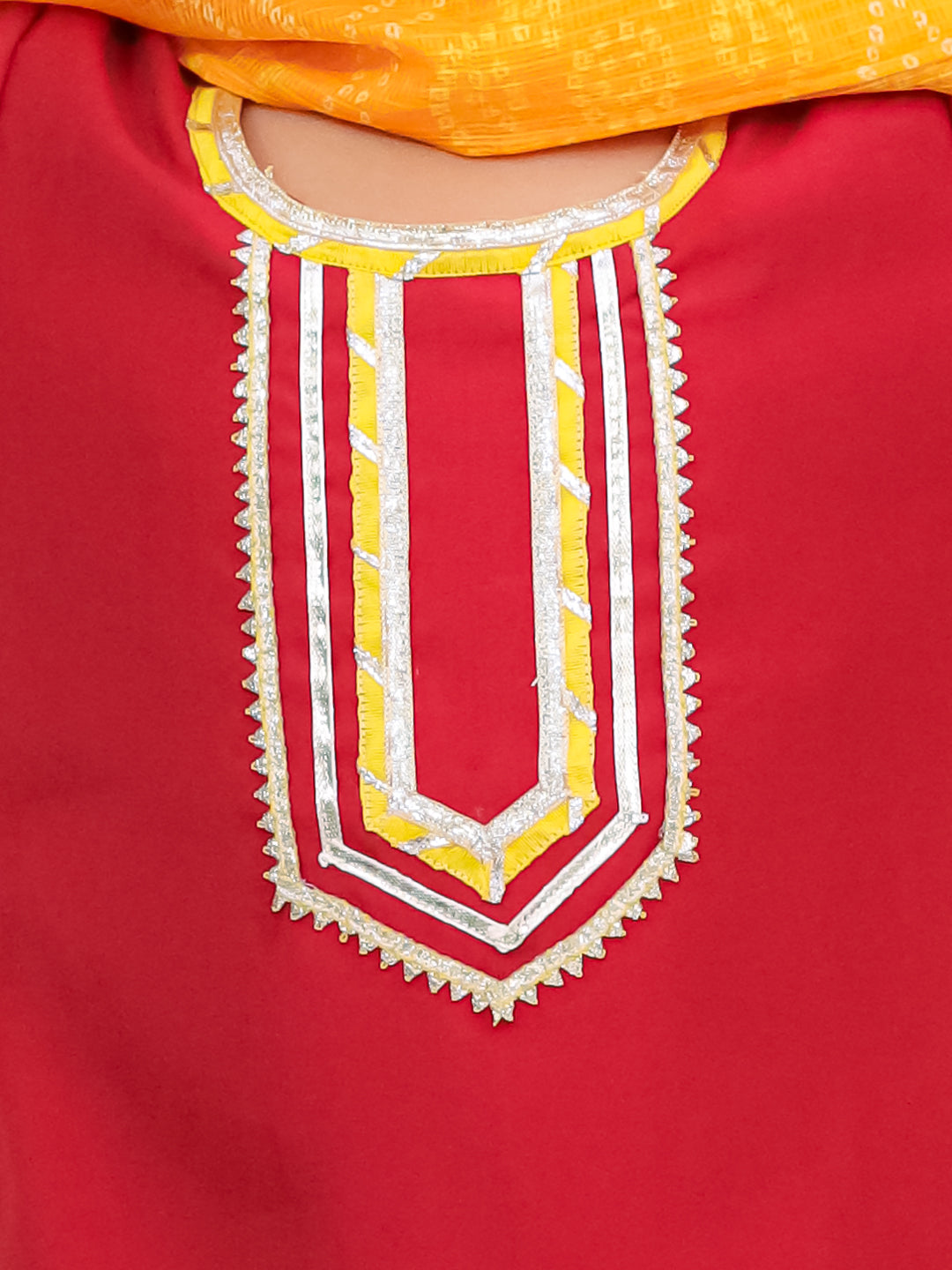 BownBee Festive Elbow sleeves Silk Suit With Bandhni Dupatta Set For Girls - Red