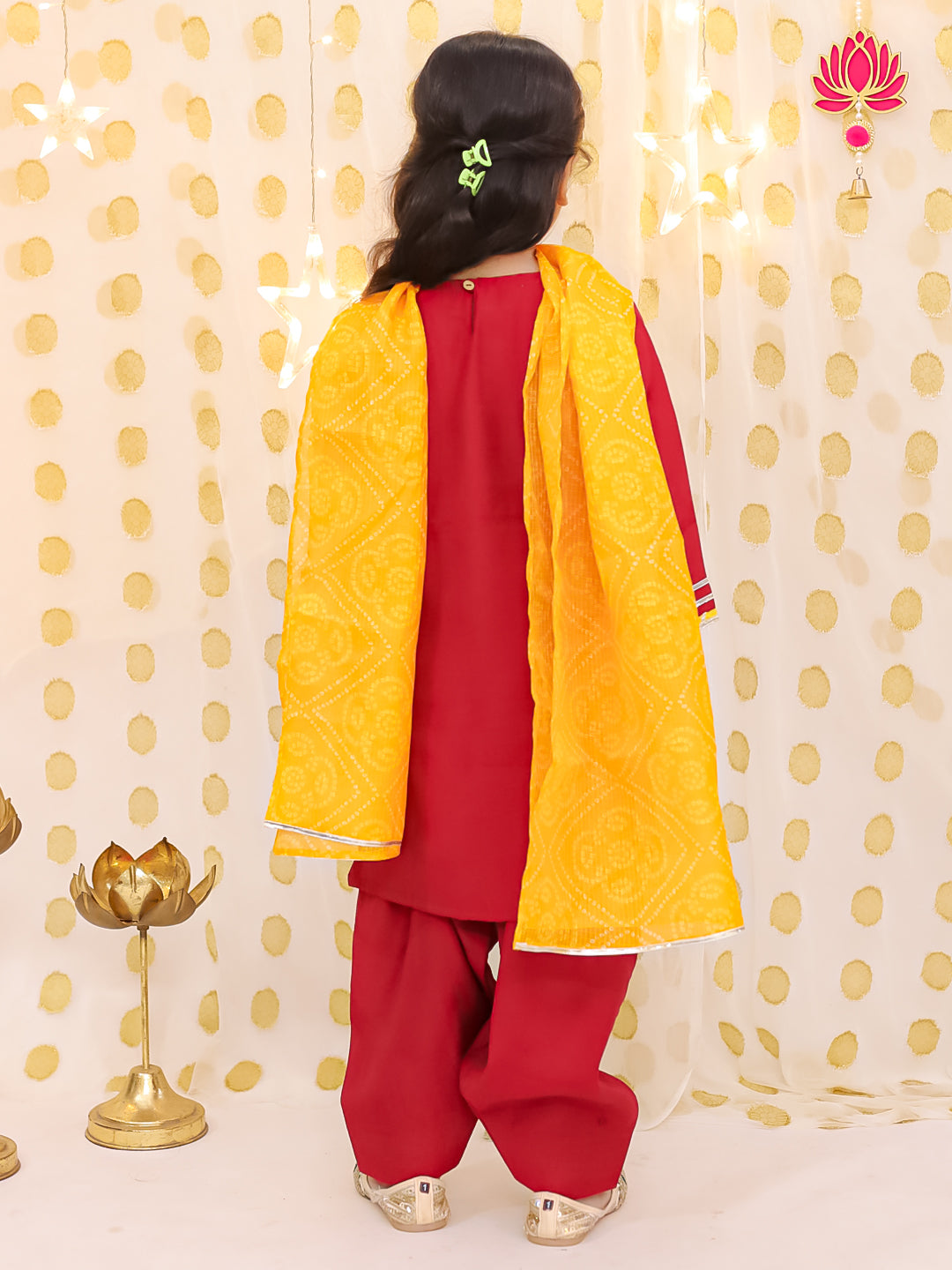 BownBee Festive Elbow sleeves Silk Suit With Bandhni Dupatta Set For Girls - Red