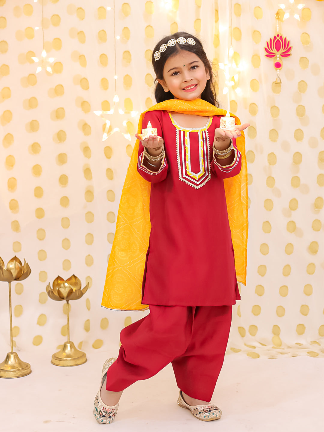 BownBee Festive Elbow sleeves Silk Suit With Bandhni Dupatta Set For Girls - Red