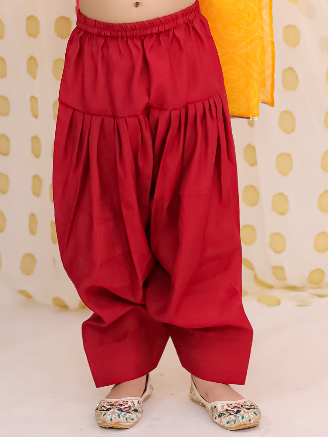 BownBee Festive Elbow sleeves Silk Suit With Bandhni Dupatta Set For Girls - Red