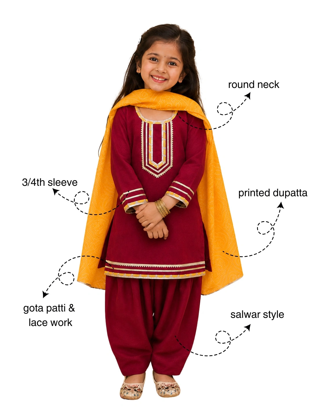 BownBee Festive Elbow sleeves Silk Suit With Bandhni Dupatta Set For Girls