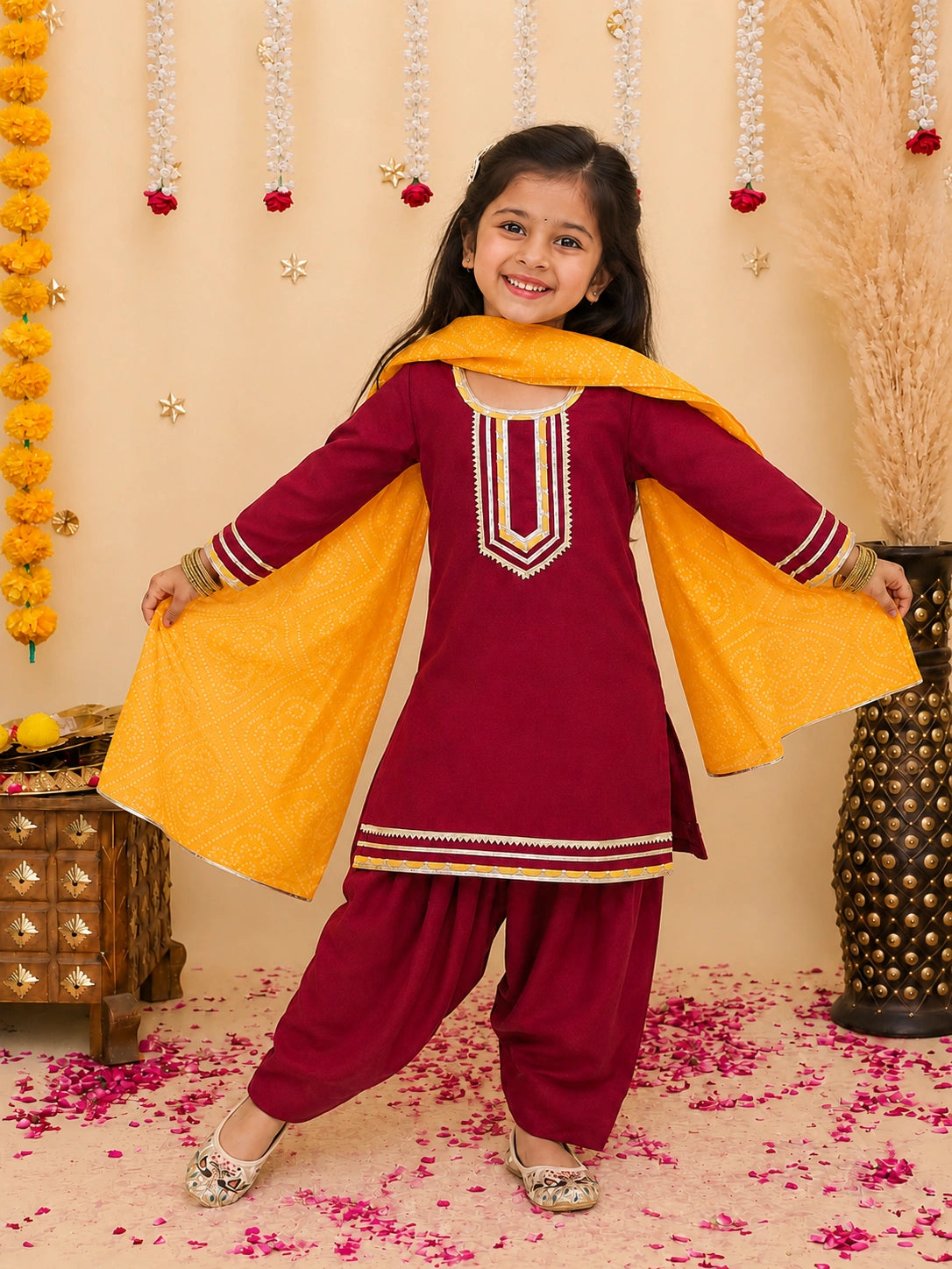 BownBee Festive Elbow sleeves Silk Suit With Bandhni Dupatta Set For Girls