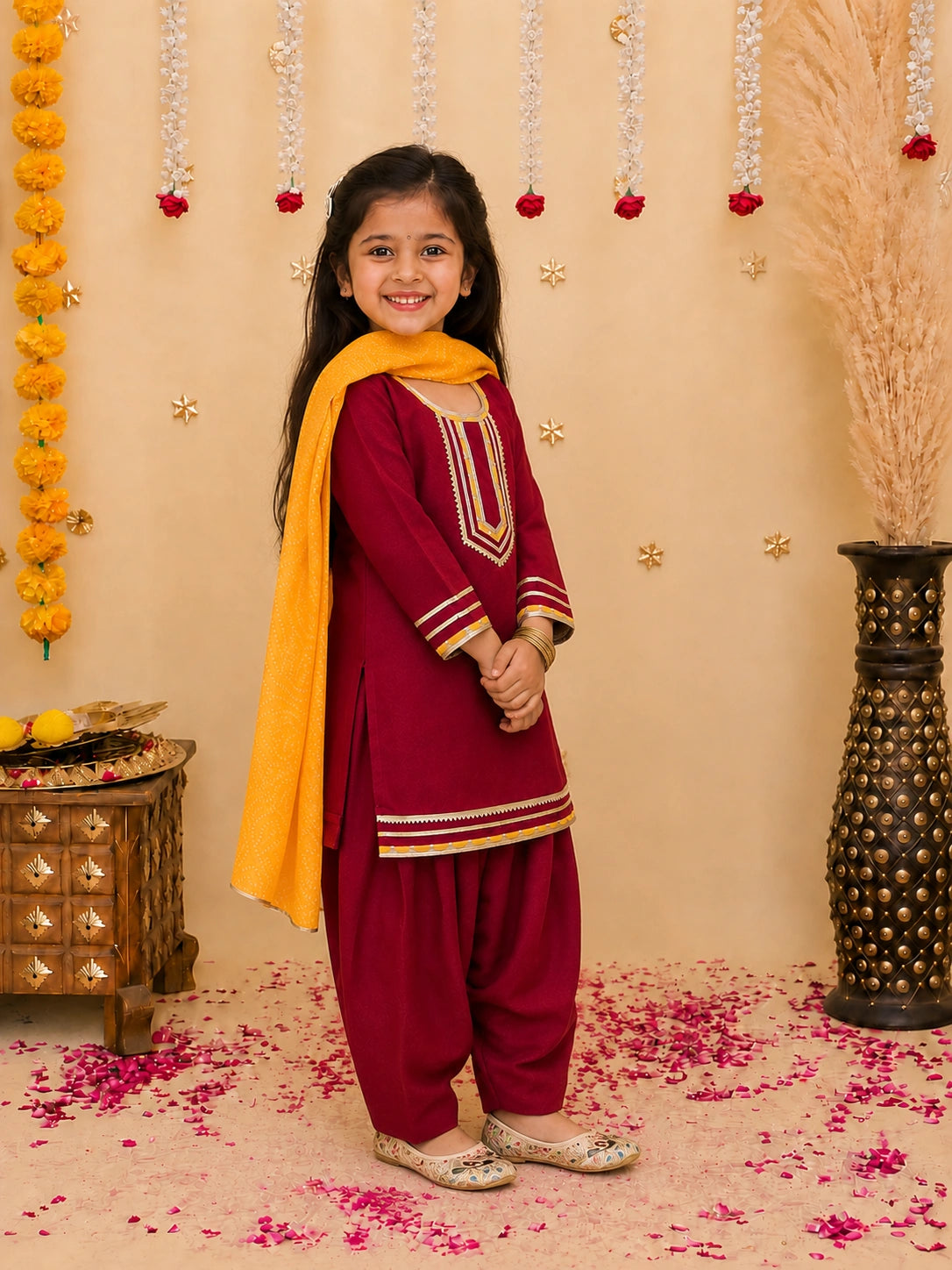 BownBee Festive Elbow sleeves Silk Suit With Bandhni Dupatta Set For Girls