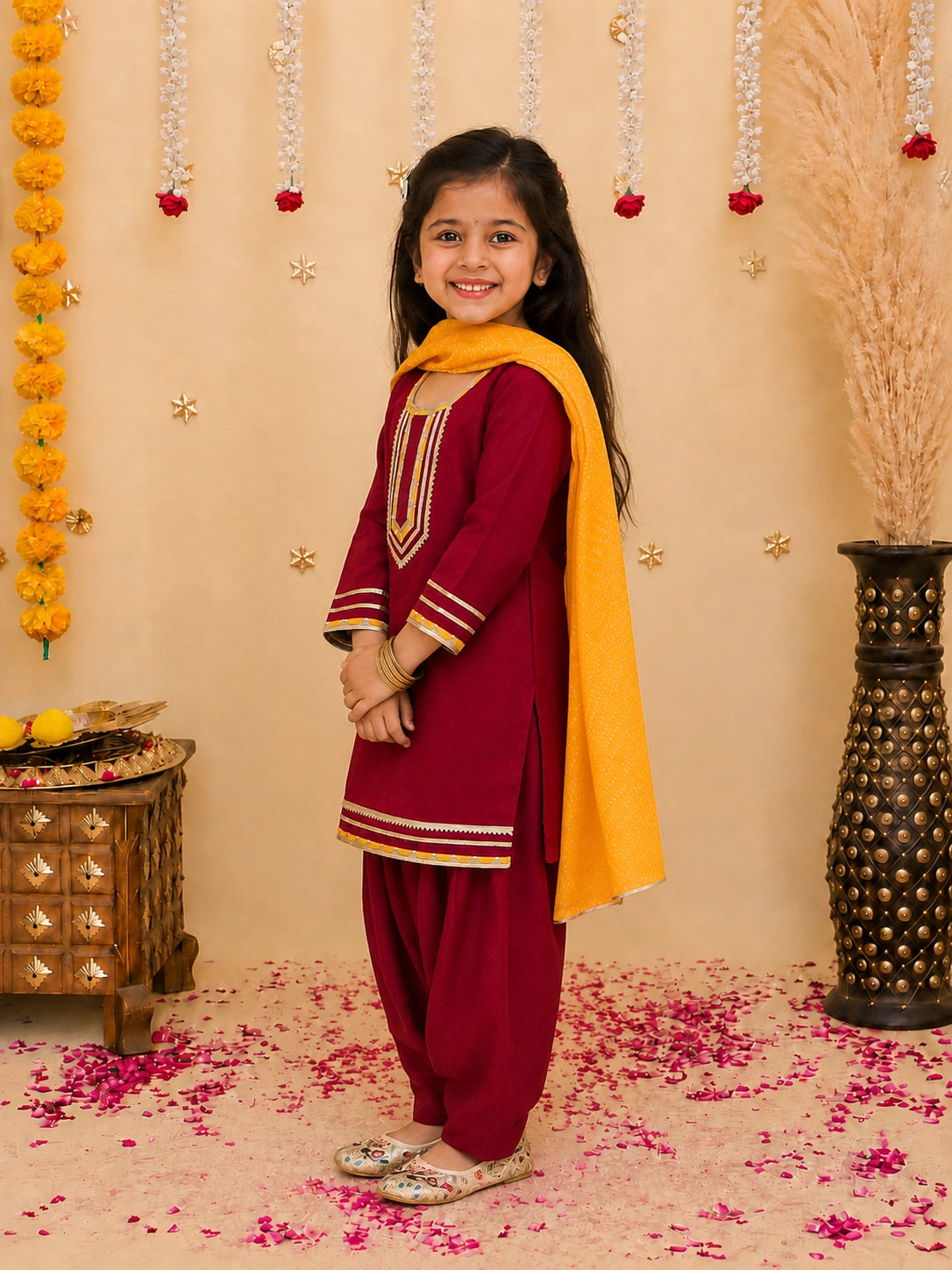 BownBee Festive Elbow sleeves Silk Suit With Bandhni Dupatta Set For Girls