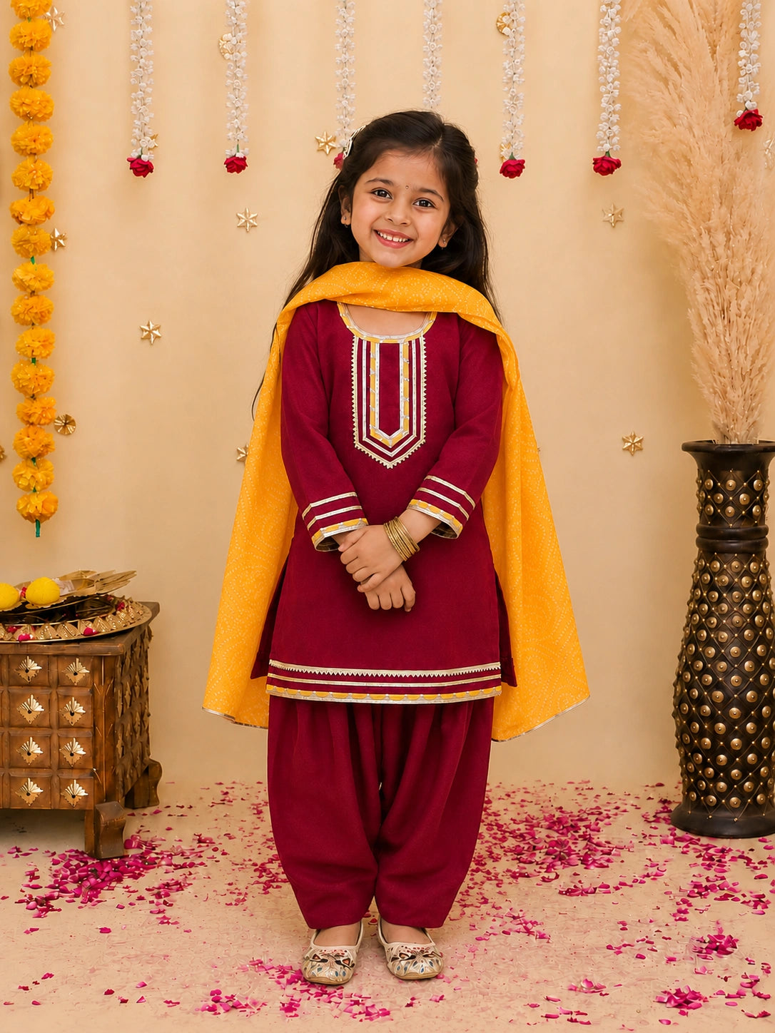 BownBee Festive Elbow sleeves Silk Suit With Bandhni Dupatta Set For Girls