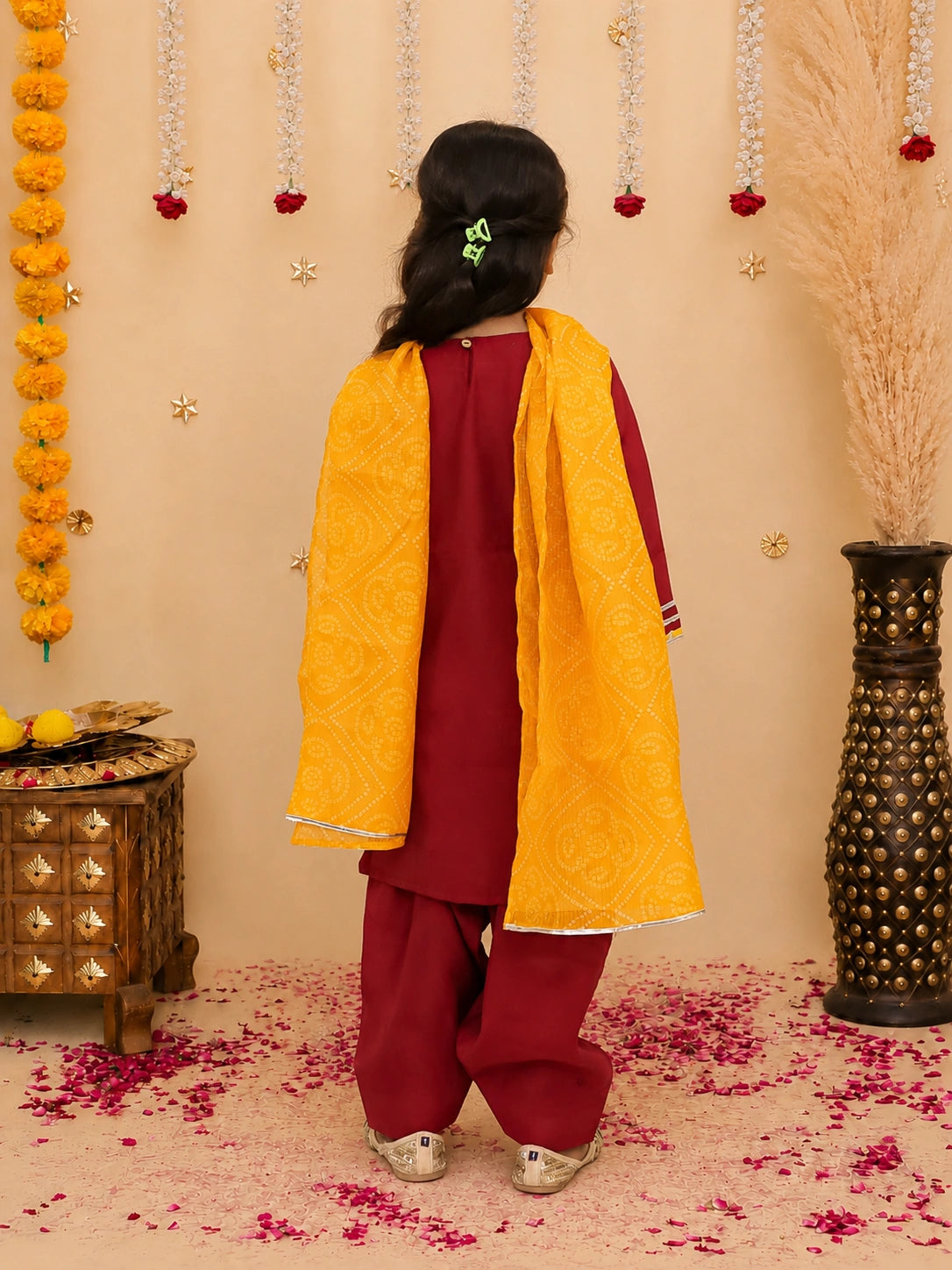 BownBee Festive Elbow sleeves Silk Suit With Bandhni Dupatta Set For Girls