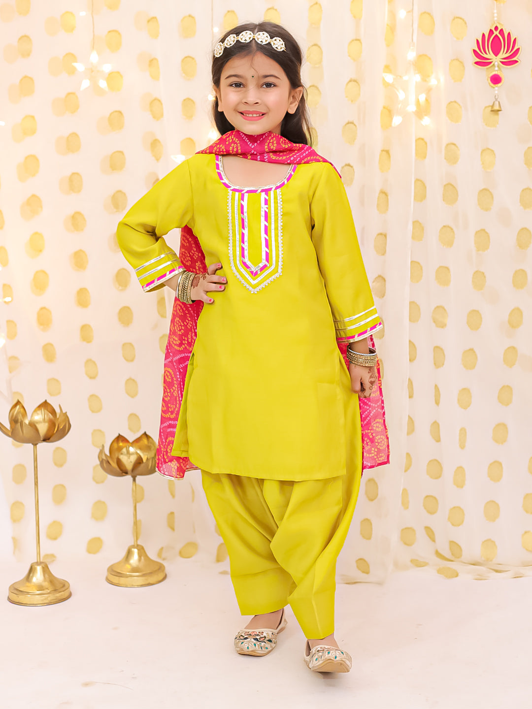 BownBee Festive Elbow sleeves Silk Suit With Bandhni Dupatta Set For Girls - Yellow