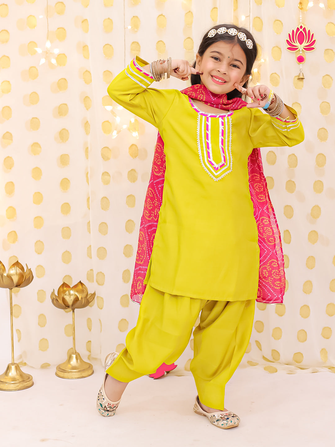 BownBee Festive Elbow sleeves Silk Suit With Bandhni Dupatta Set For Girls - Yellow
