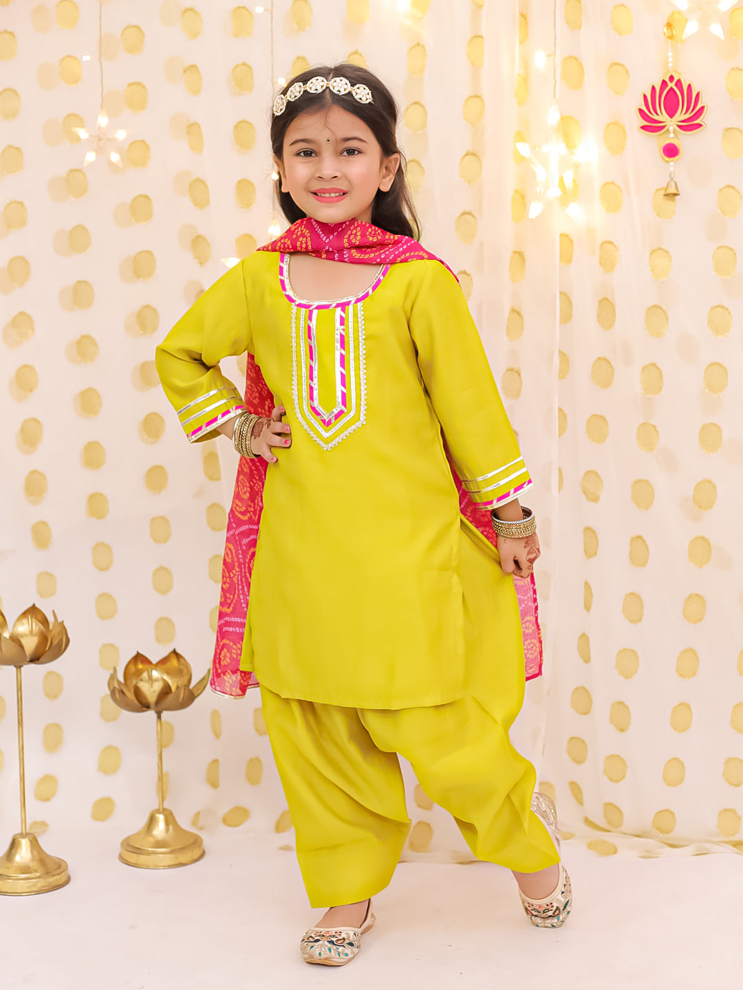 BownBee Festive Elbow sleeves Silk Suit With Bandhni Dupatta Set For Girls - Yellow