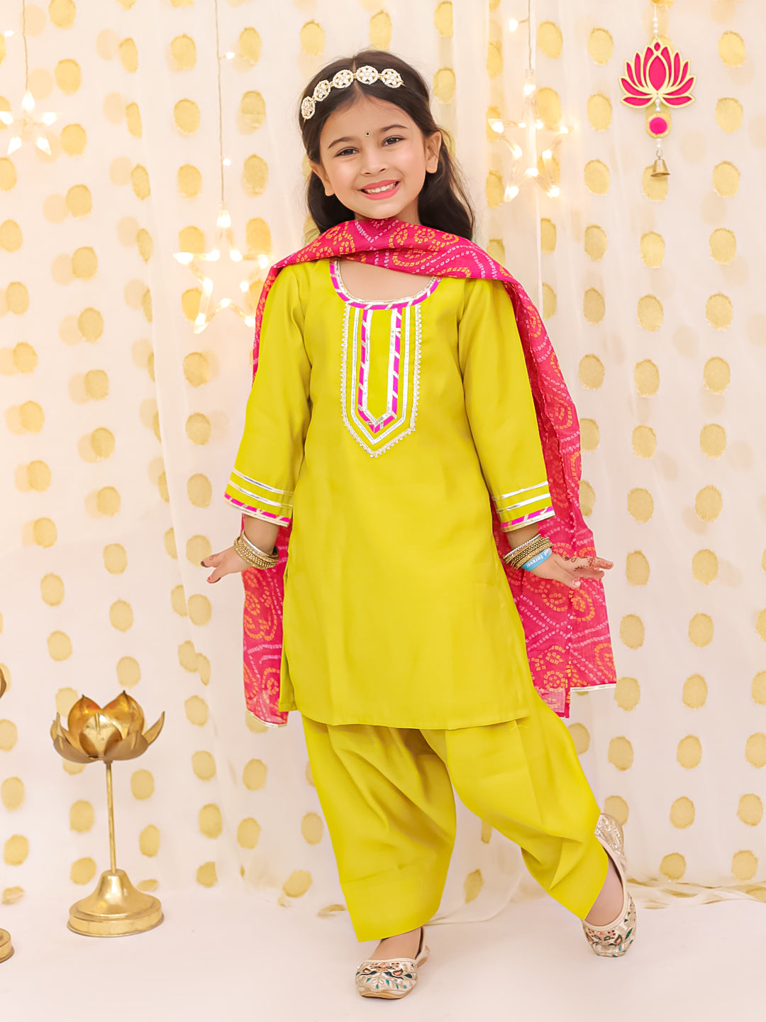 BownBee Festive Elbow sleeves Silk Suit With Bandhni Dupatta Set For Girls - Yellow