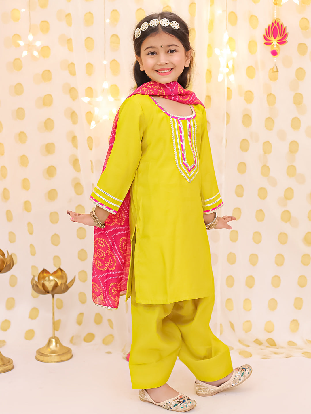 BownBee Festive Elbow sleeves Silk Suit With Bandhni Dupatta Set For Girls - Yellow