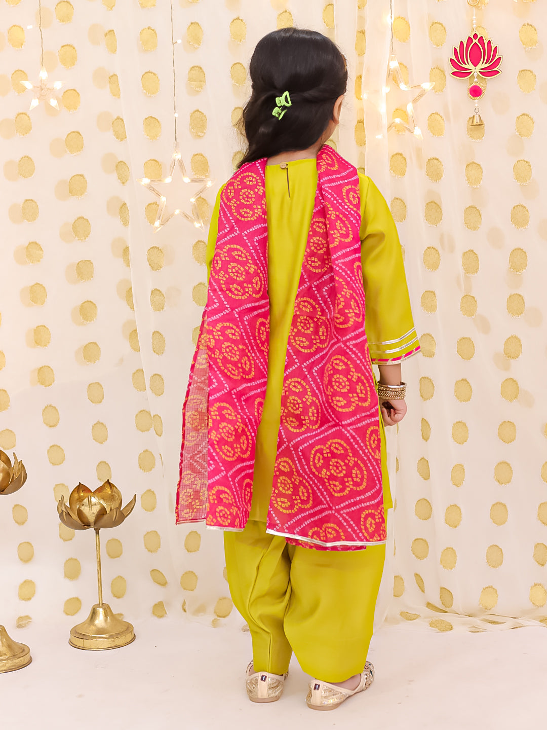 BownBee Festive Elbow sleeves Silk Suit With Bandhni Dupatta Set For Girls - Yellow