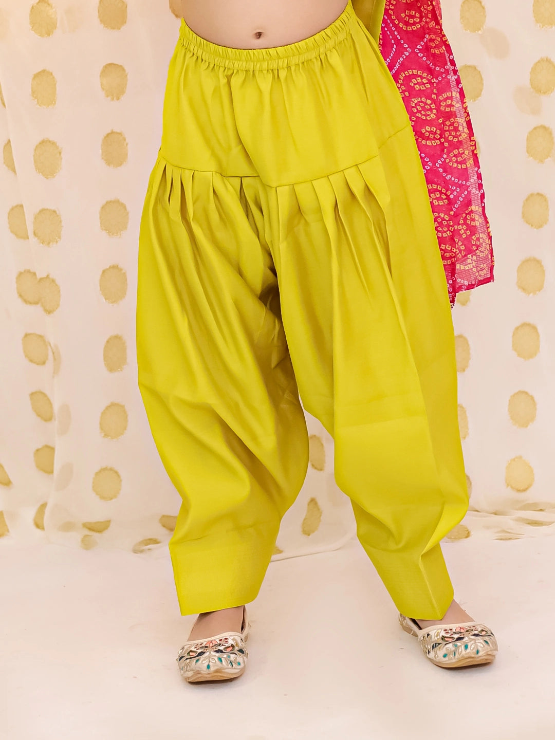 BownBee Festive Elbow sleeves Silk Suit With Bandhni Dupatta Set For Girls