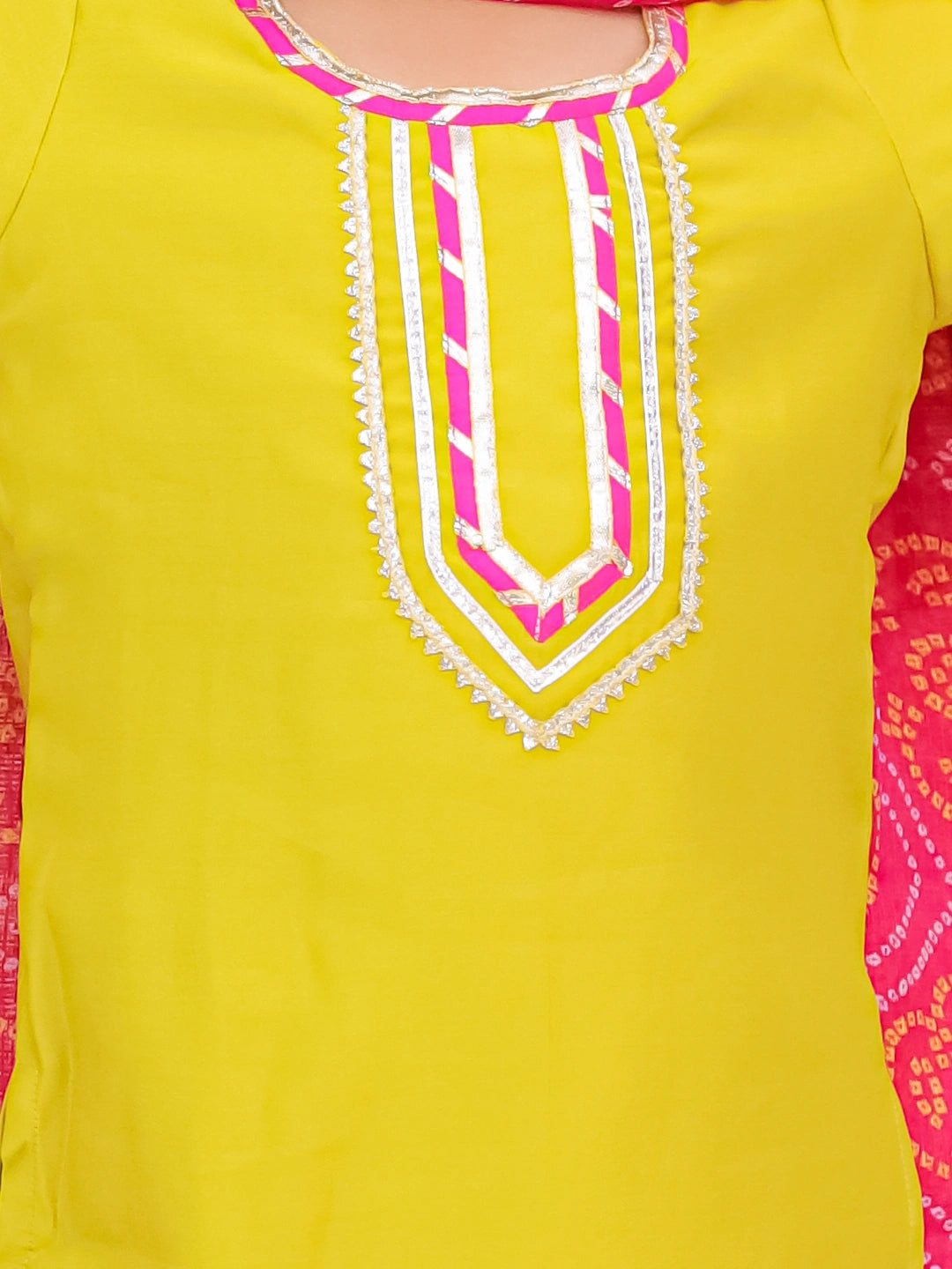 BownBee Festive Elbow sleeves Silk Suit With Bandhni Dupatta Set For Girls