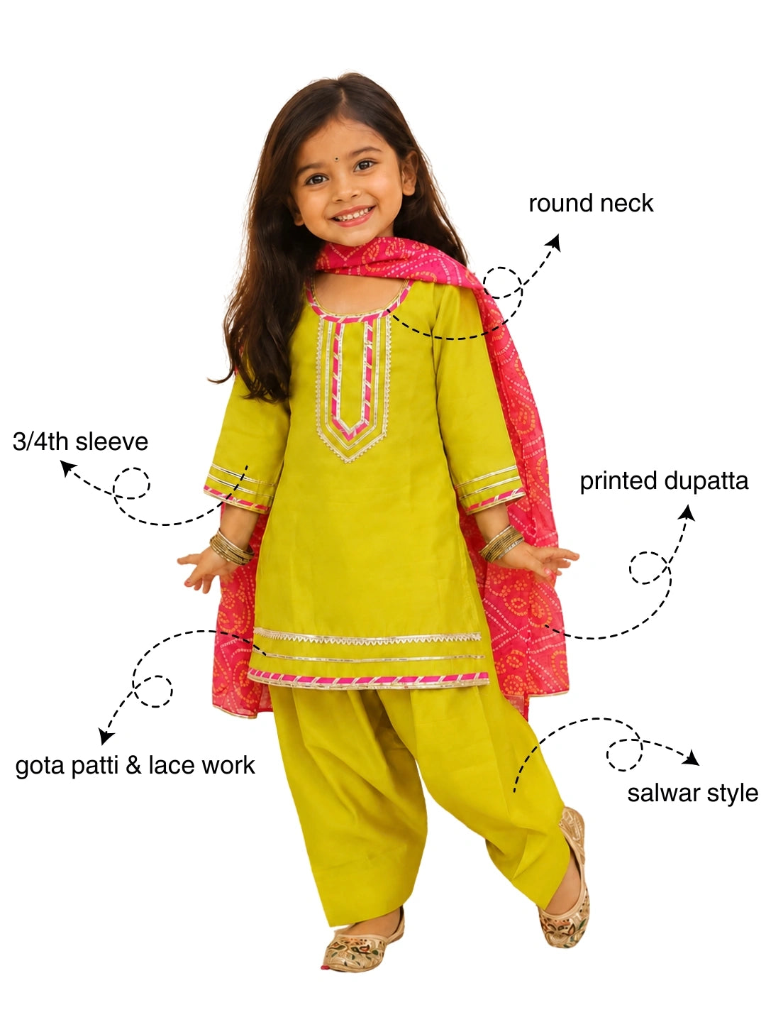 BownBee Festive Elbow sleeves Silk Suit With Bandhni Dupatta Set For Girls