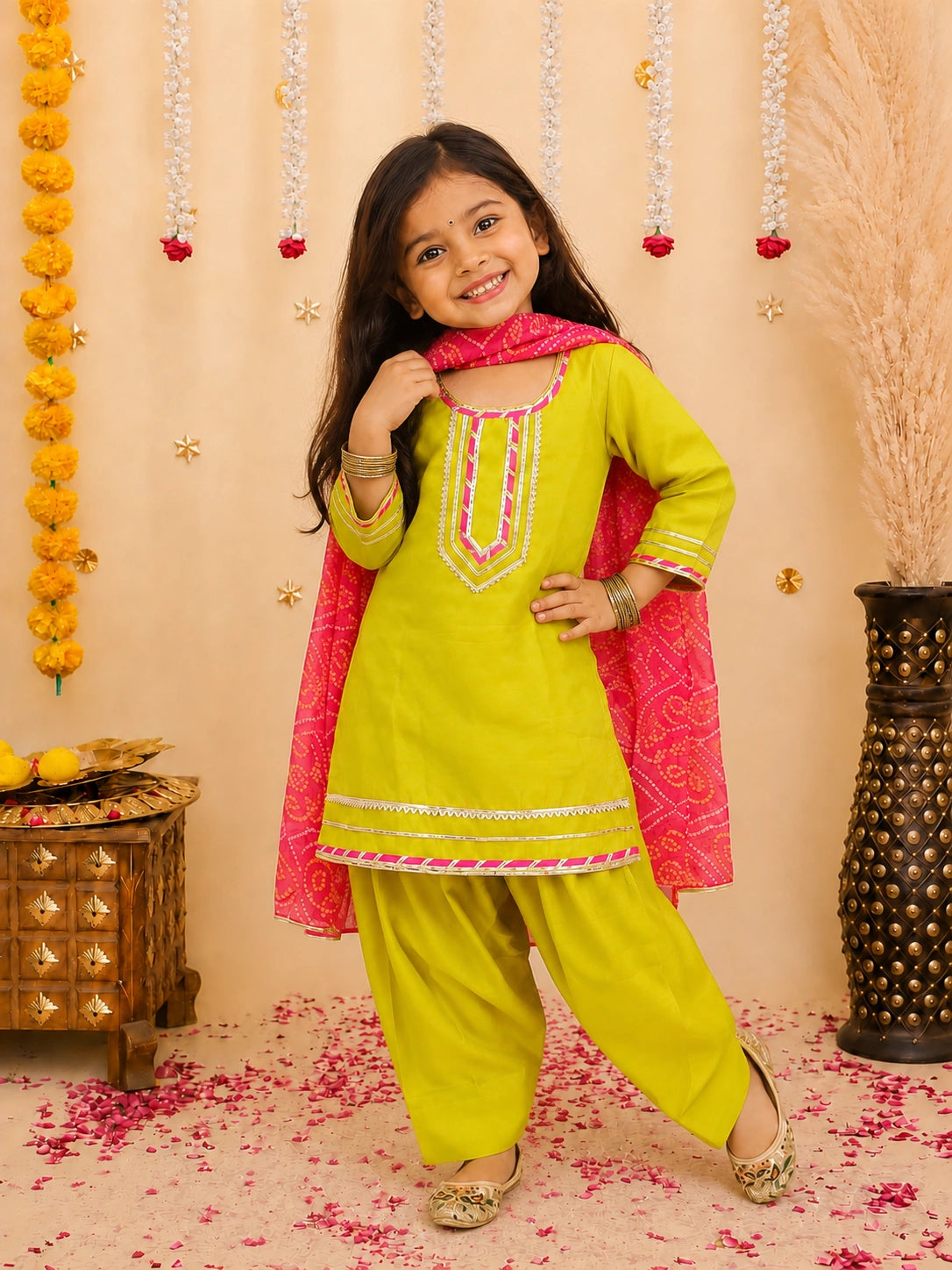 BownBee Festive Elbow sleeves Silk Suit With Bandhni Dupatta Set For Girls