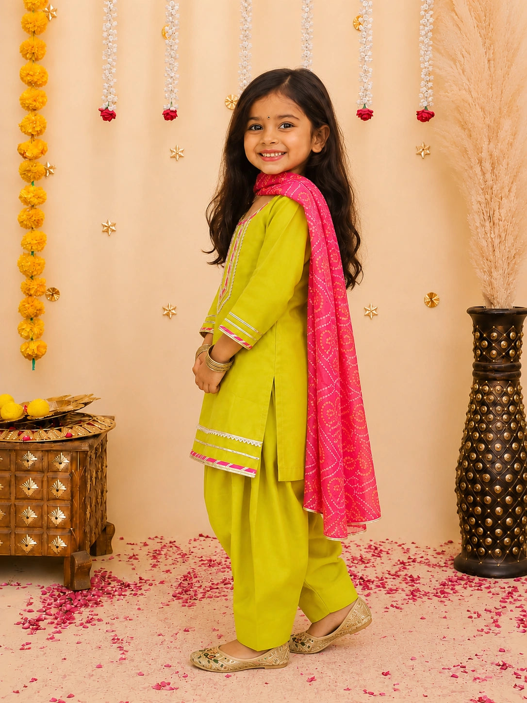 BownBee Festive Elbow sleeves Silk Suit With Bandhni Dupatta Set For Girls