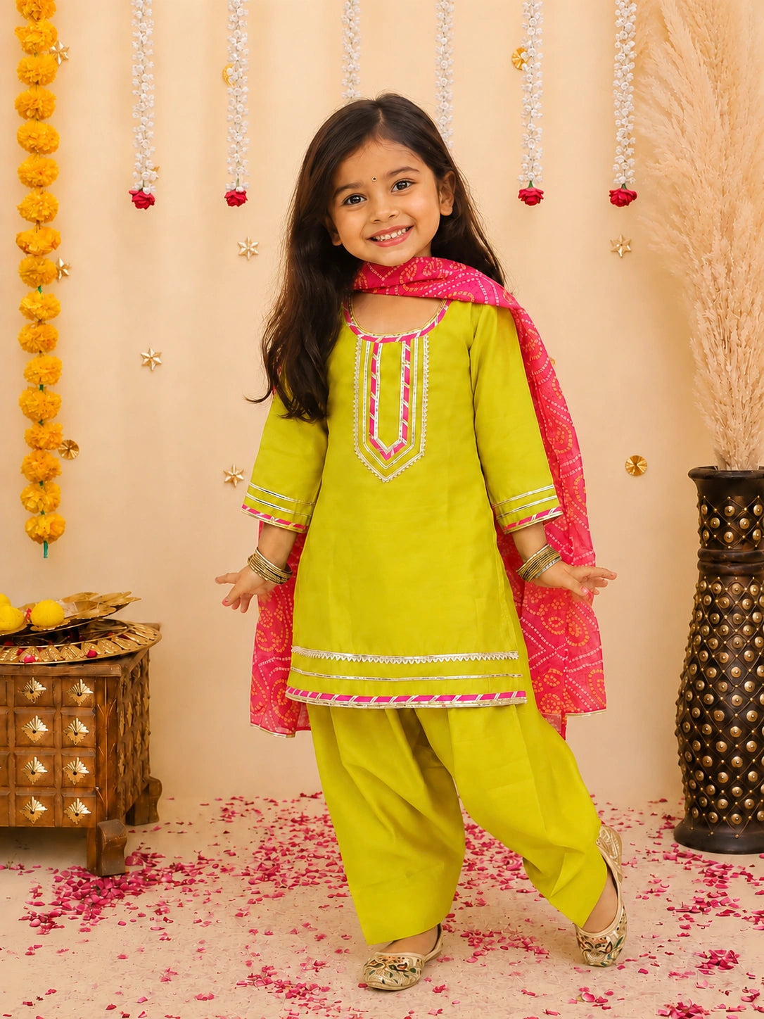 BownBee Festive Elbow sleeves Silk Suit With Bandhni Dupatta Set For Girls